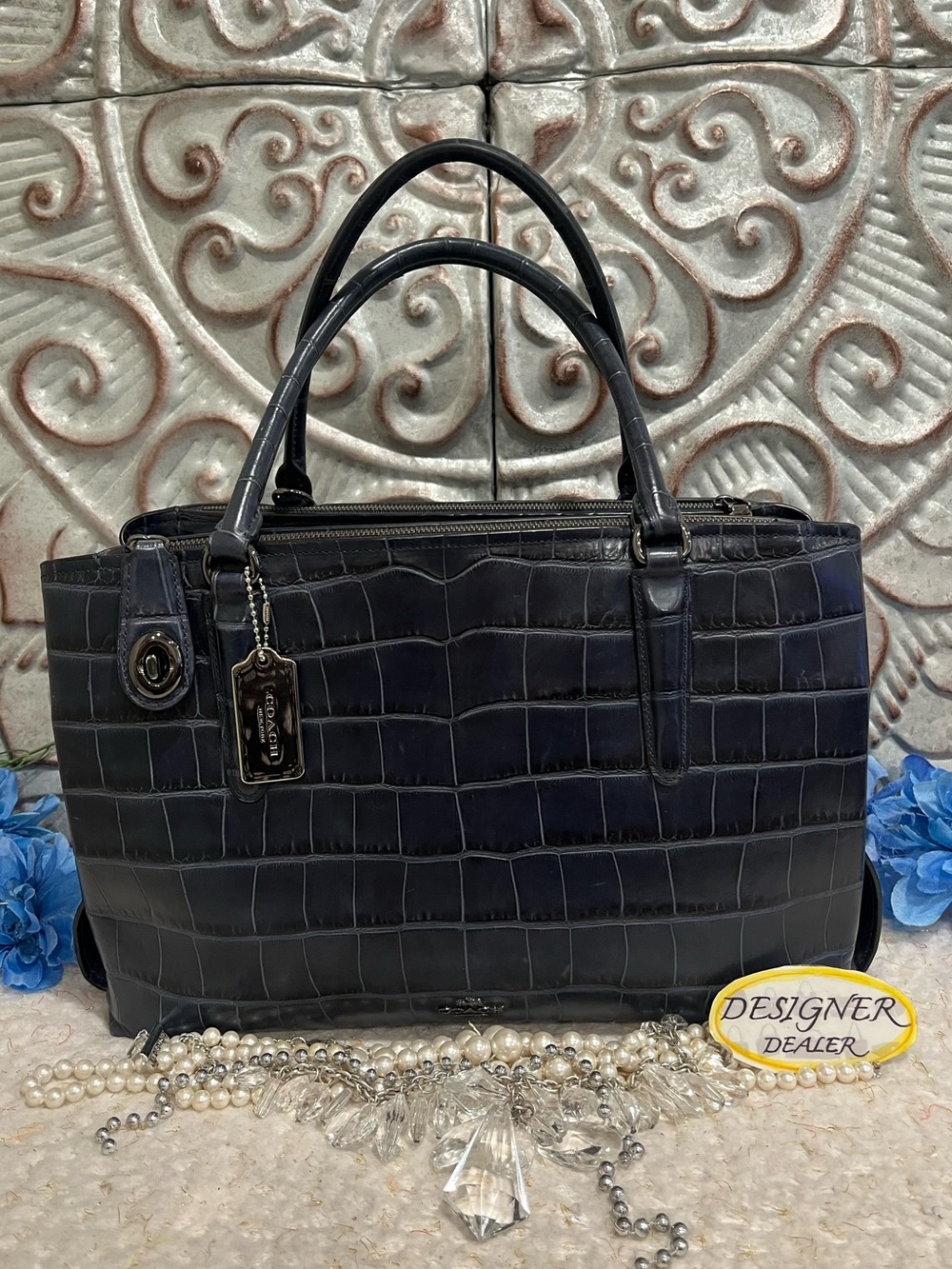 COACH Brooklyn 28 Blue Croc Embossed Leather Carryall bag 57116 VGC! Navy